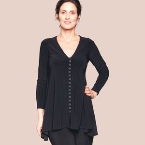 SYMPLI Black Jersey Knit Button Front Long Sleeve Tunic Top MADE IN CANADA Sz 14